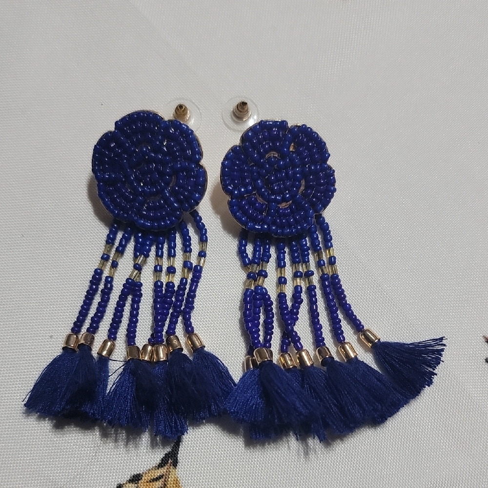Hand Made Blue Beaded Tassel Earrings